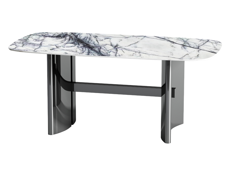 1.5厘厚不锈钢黑钛亮光脚+底板配18厘夹板扪绒布天然石餐桌