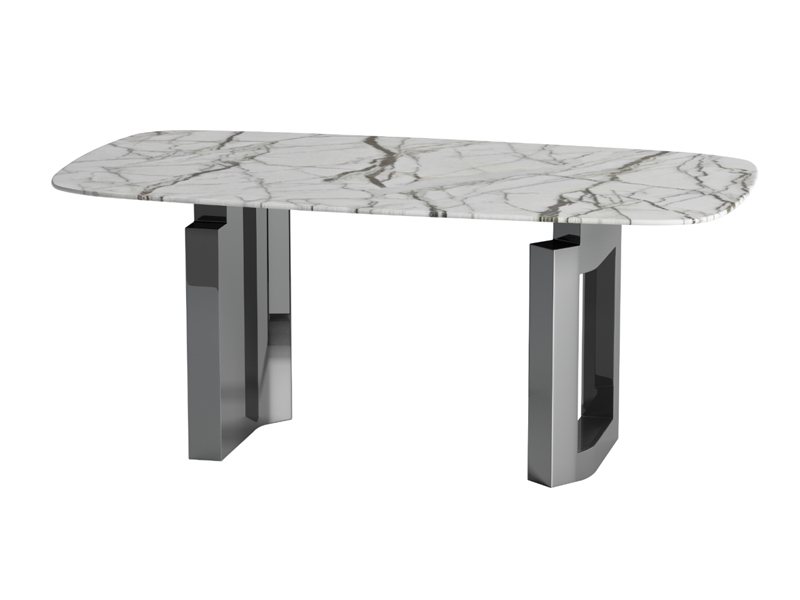 1.7厘厚不锈钢灰钛亮光脚+底板配18厘夹板扪绒布+天然石餐桌
