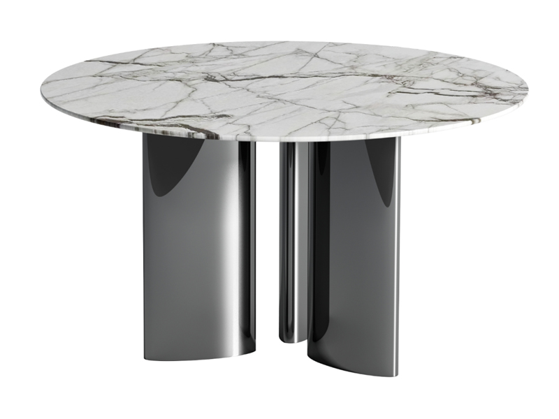 3.0厘厚不锈钢灰钛亮光脚+底板配18厘夹板扪绒布+天然石（君子兰）餐桌